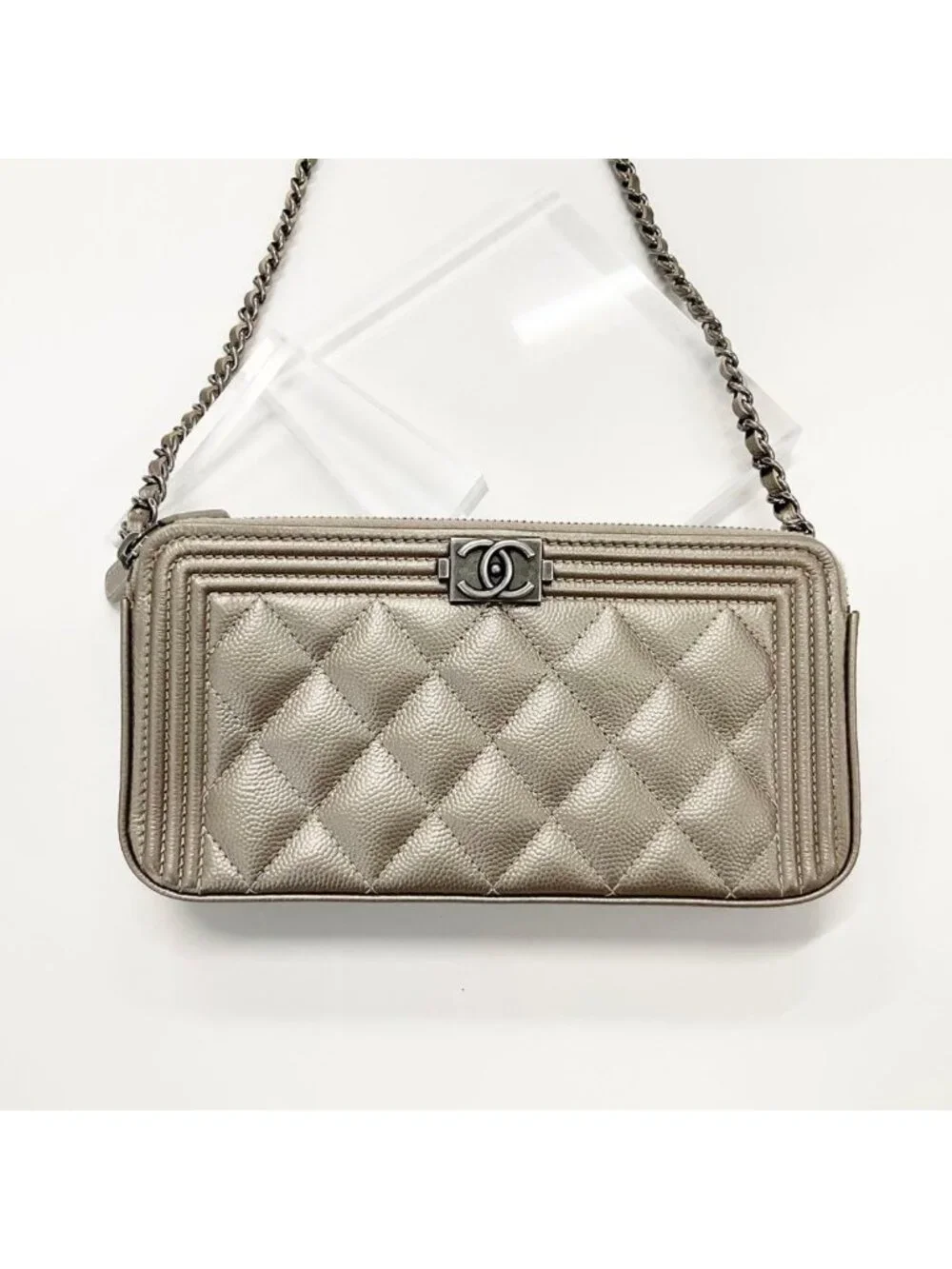 Chanel Caviar Leather CC Logo Boy Chain Wallet Shoulder
